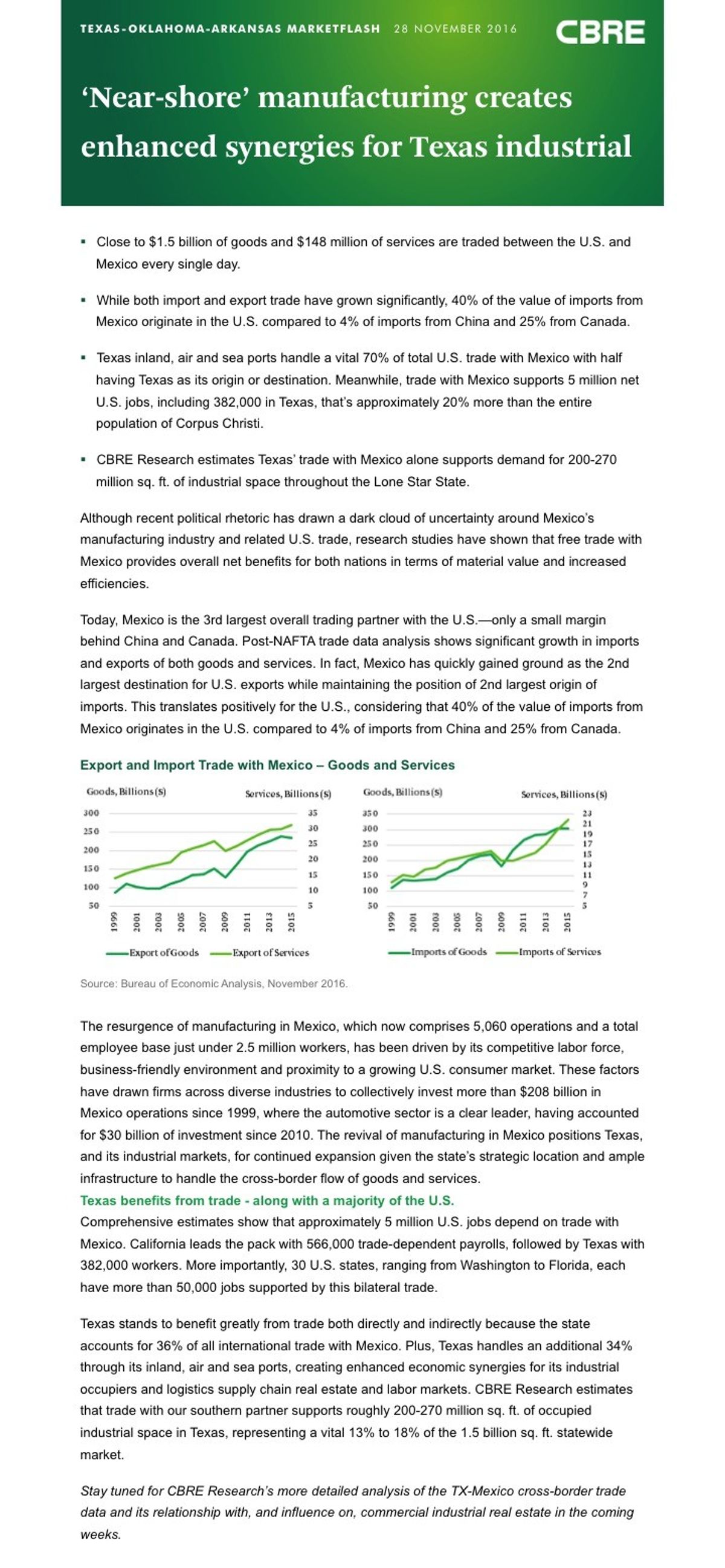 'Near-shore' manufacturing creates enhanced synergies for Texas industrial