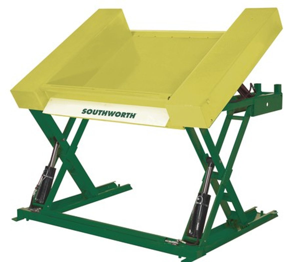 Lift and Tilt Table Lowers to Floor Level for Hand Pallet Truck Accessibility