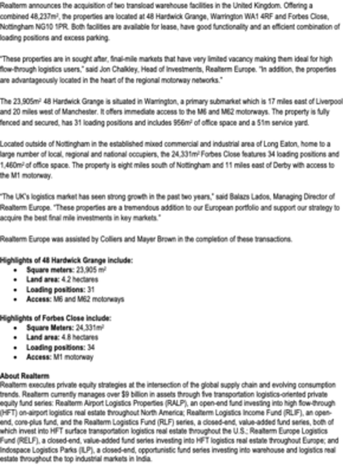 Realterm Acquires Two Warehouse Facilities in the United Kingdom Totaling More Than 48,237m2